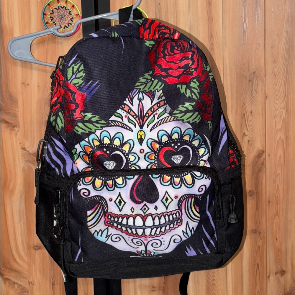 New without tags Colorful Skull Backpack with Red Roses